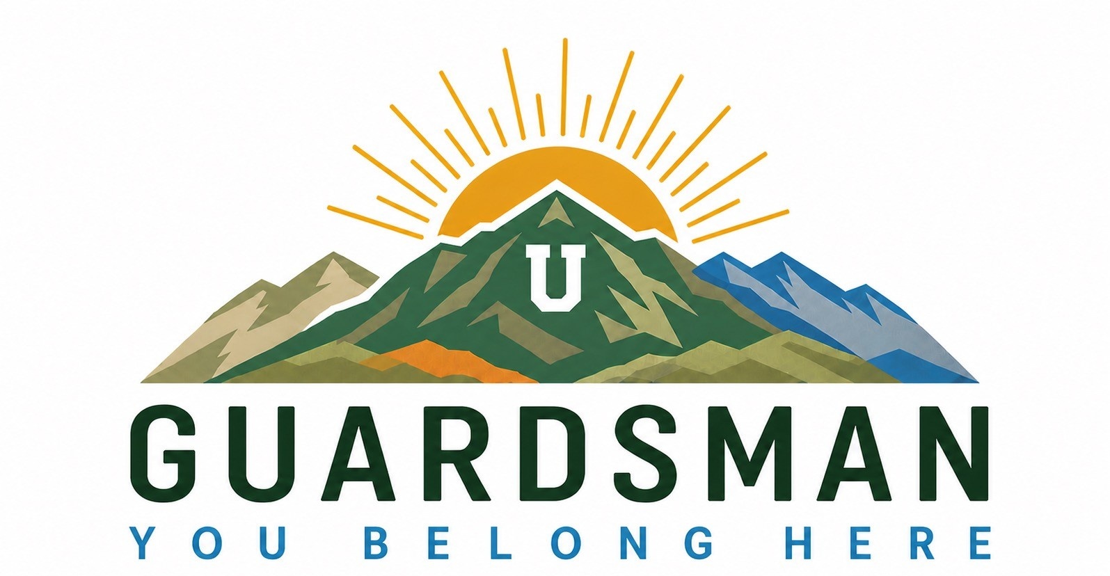 Mountain and sunrise graphic with a block U
